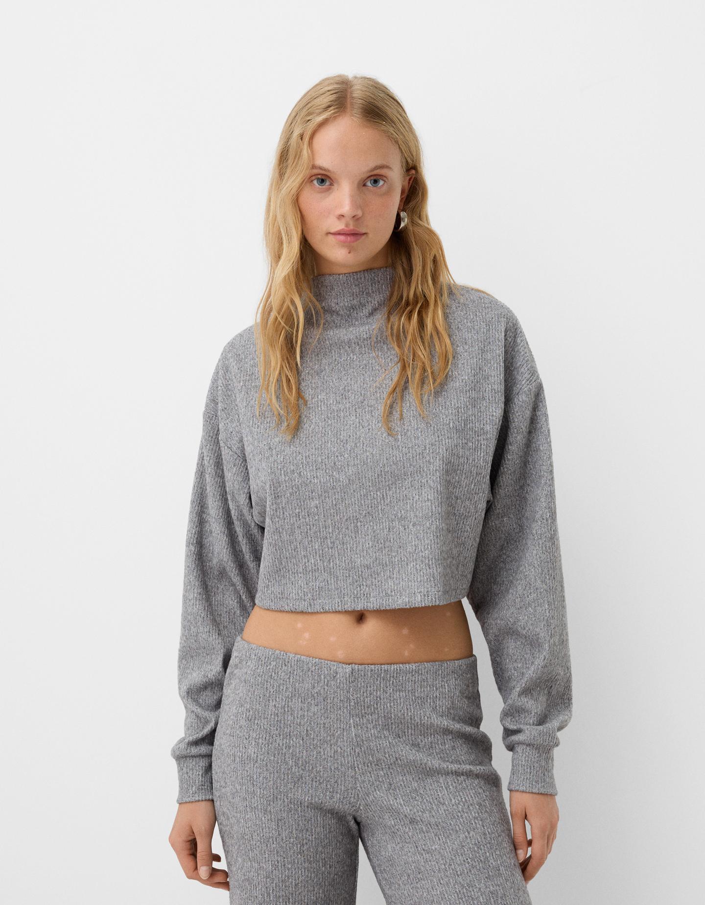 Bershka Jersey Cuello Perkins Rib Soft Touch Mujer S Gris