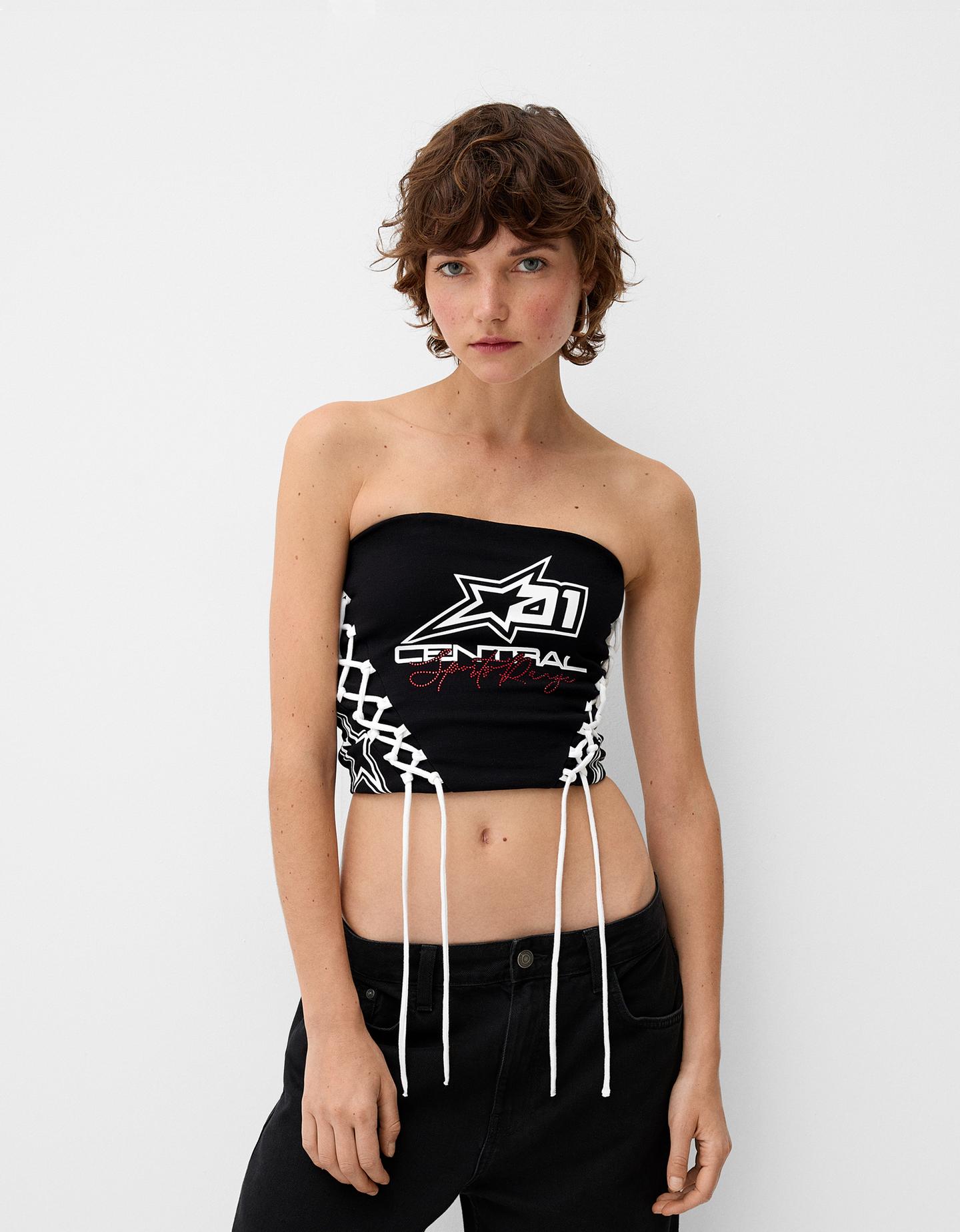 Bershka Top Bandeau Lace Up Mujer S Negro