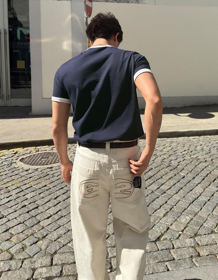 Embroidered neo barrel carpenter jeans-Cream