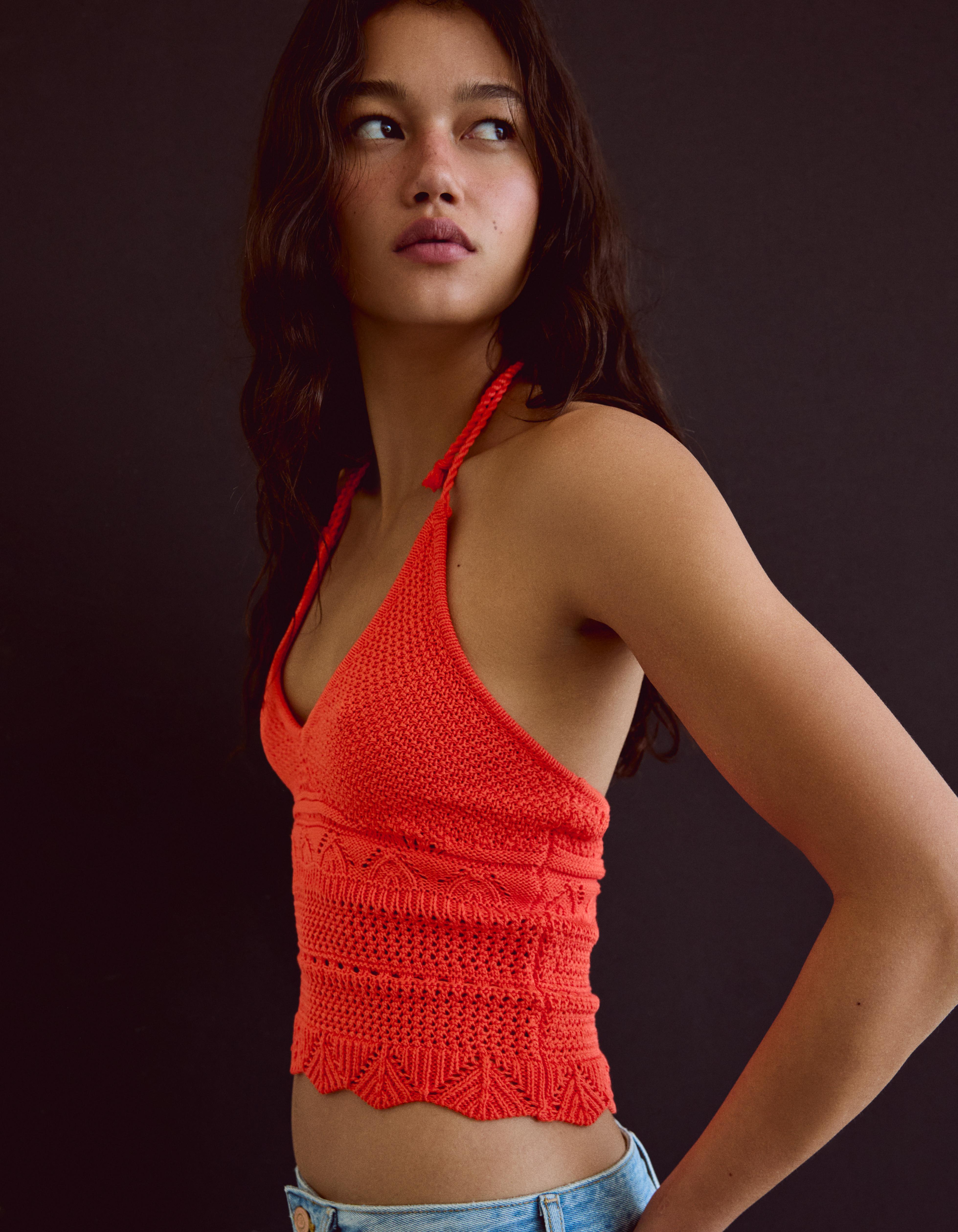 Bershka Top Halter Punto Rústico Mujer Naranja
