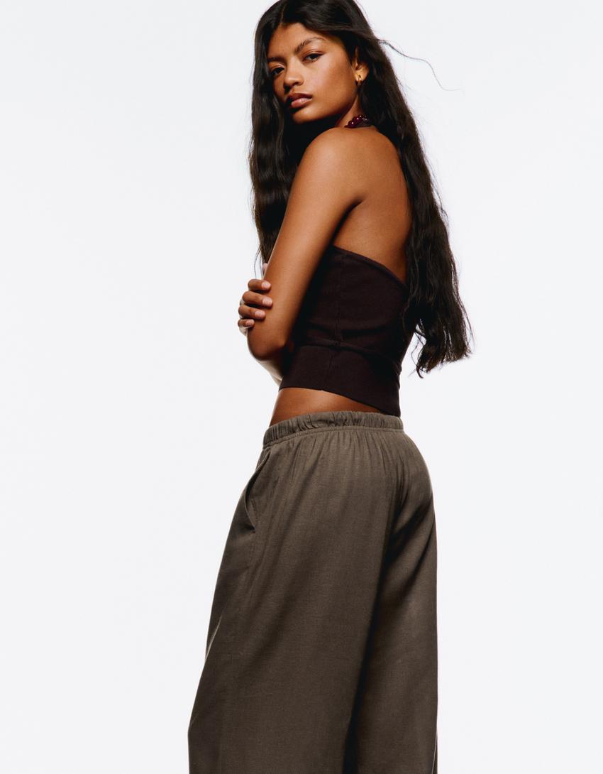 Linen blend trousers with an elasticated waistband-Sand