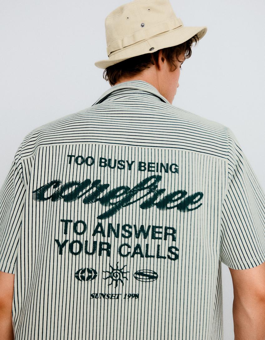 Printed striped short sleeve boxy fit shirt-Green