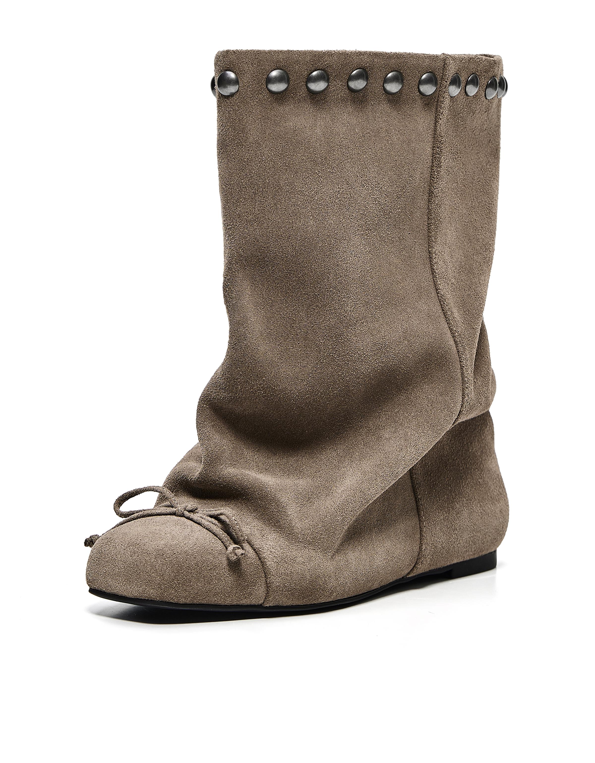 Leather flat ankle boots with wide shaft and studs — TAUPE