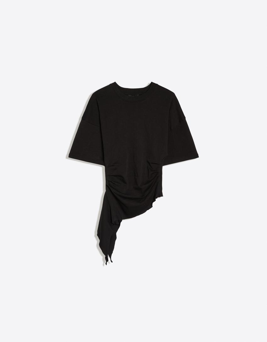 Short sleeve T-shirt with gathering-Black