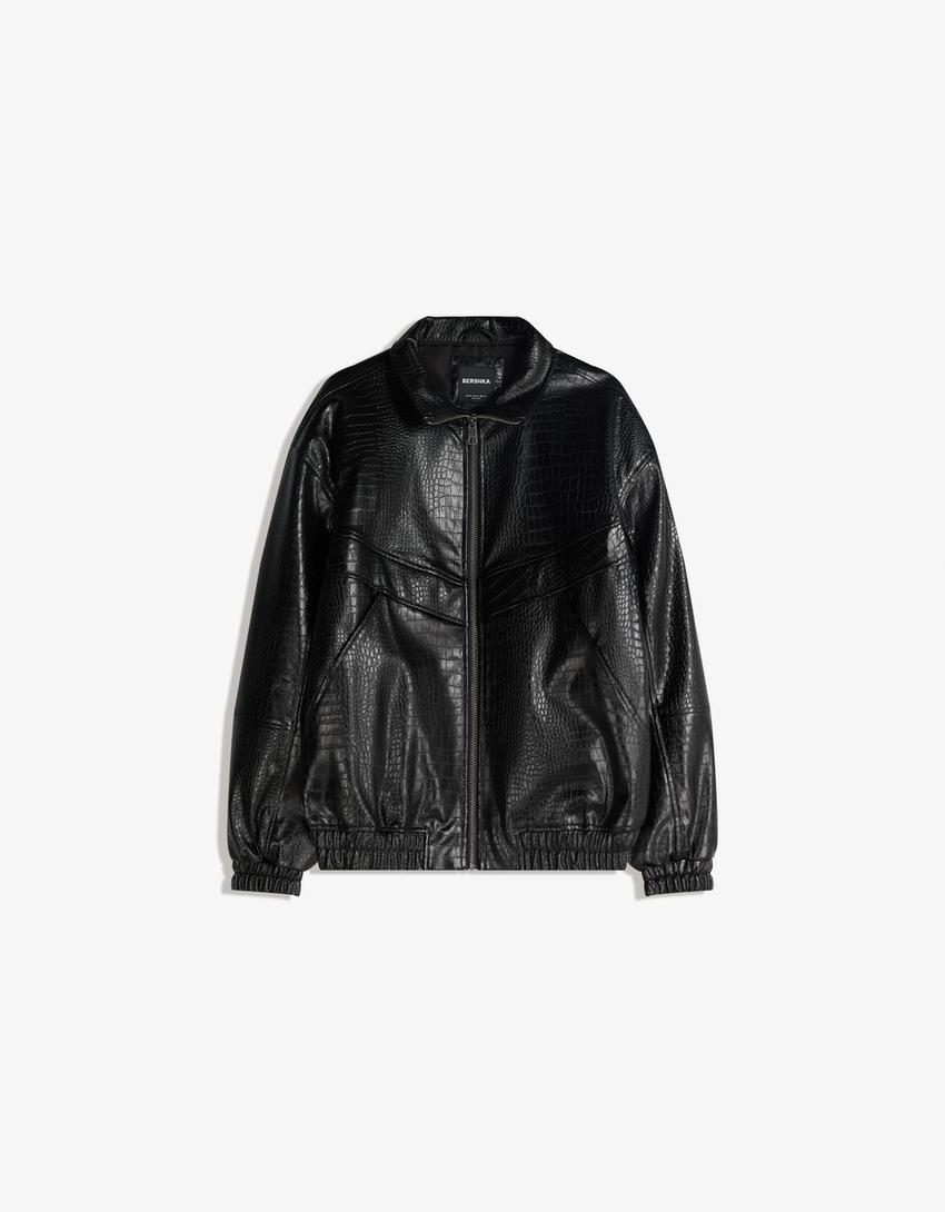 Blouson similicuir imprimé animal-Noir