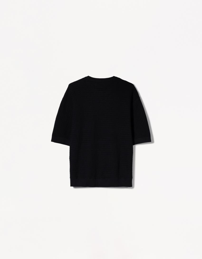 Short sleeve textured weave T-shirt-Black