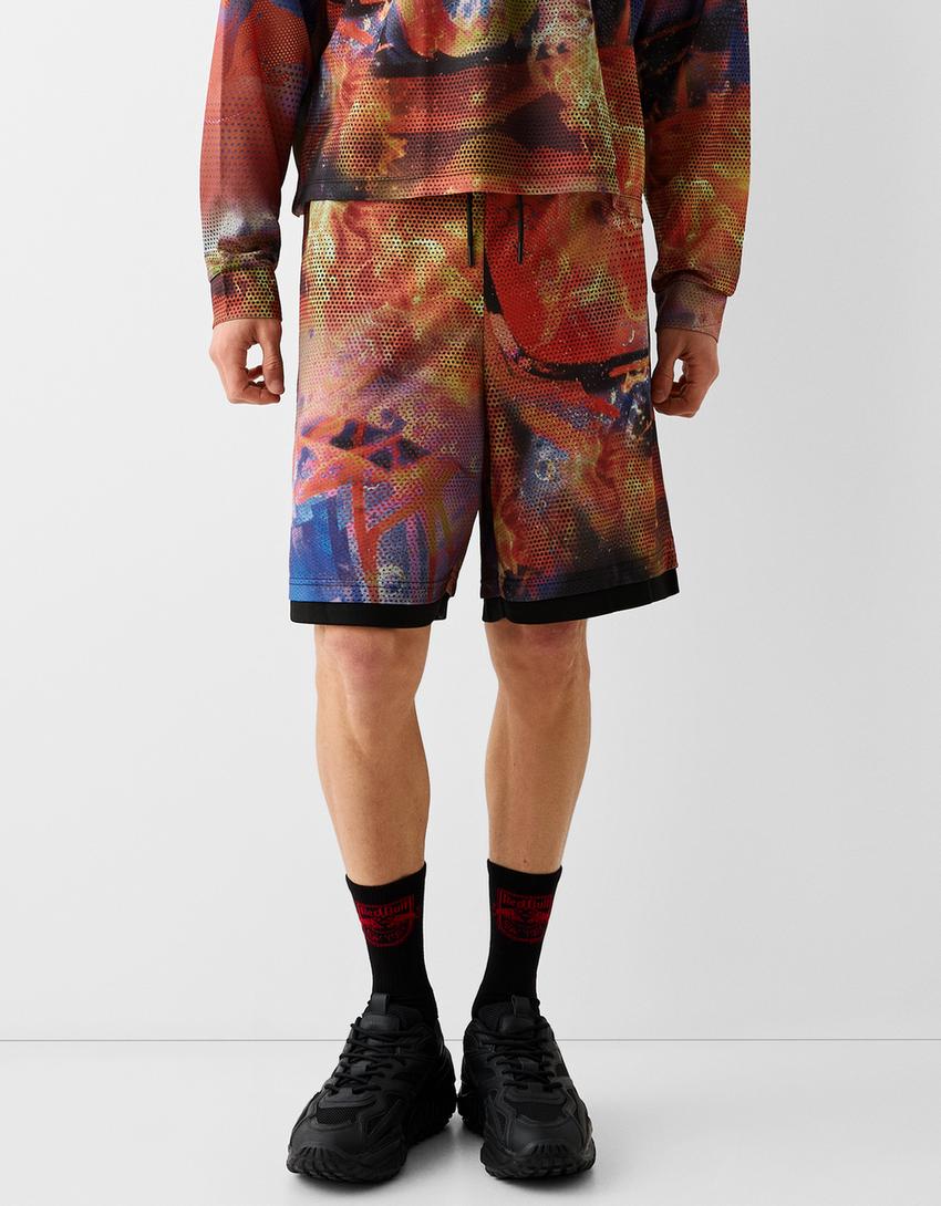 New York Red Bulls print mesh Bermuda shorts-Orange-4