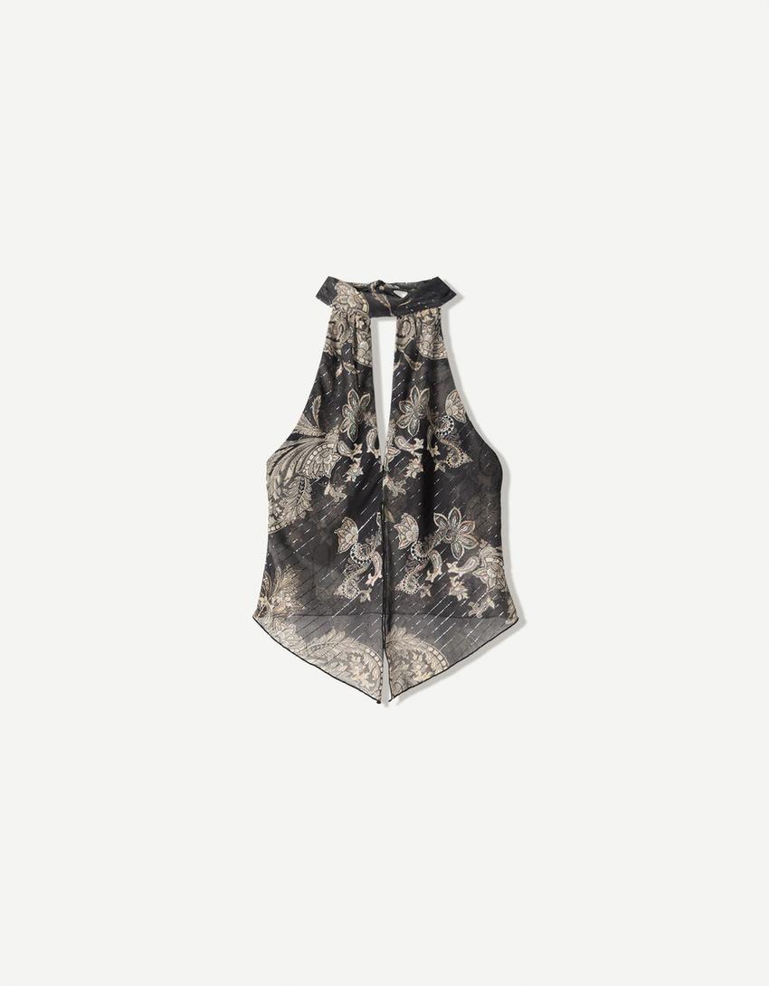 Printed tulle halter top-Black-3