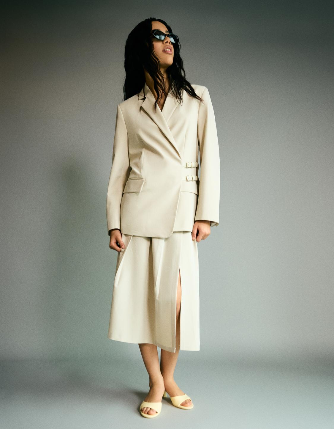 Blazer and skirt set with buckles