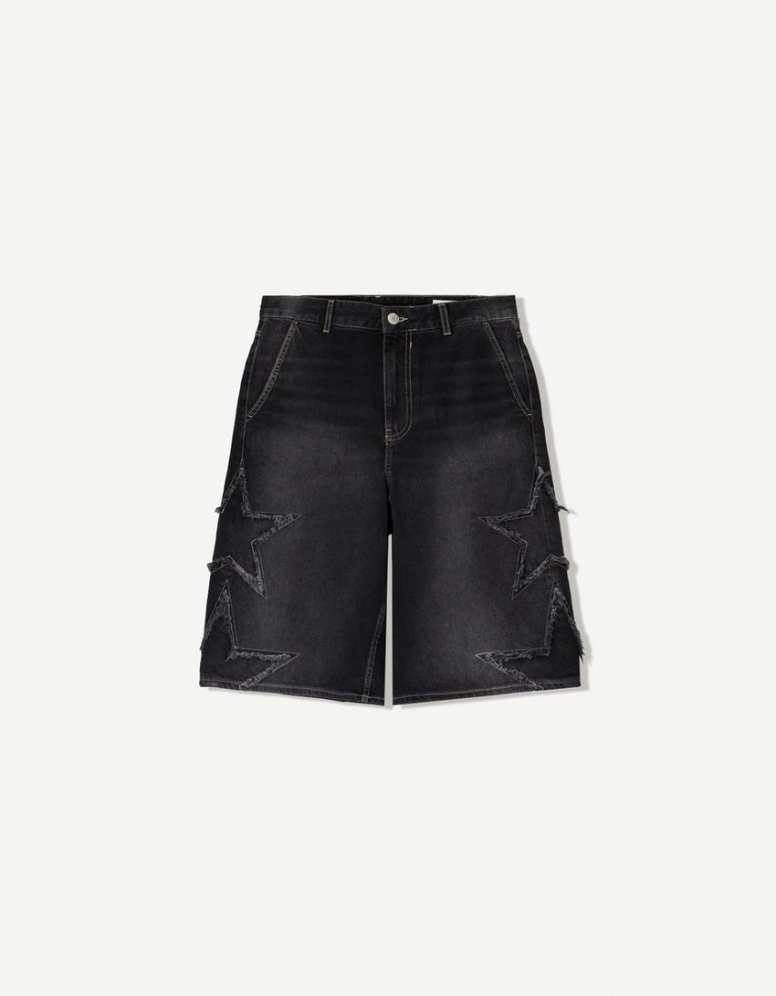 Baggy Bermuda shorts with patches-Black