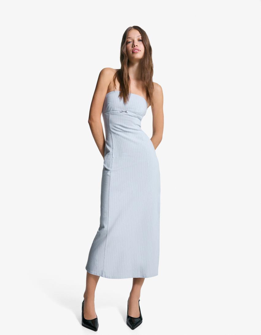 Bandeau midi dress with belt-Light blue