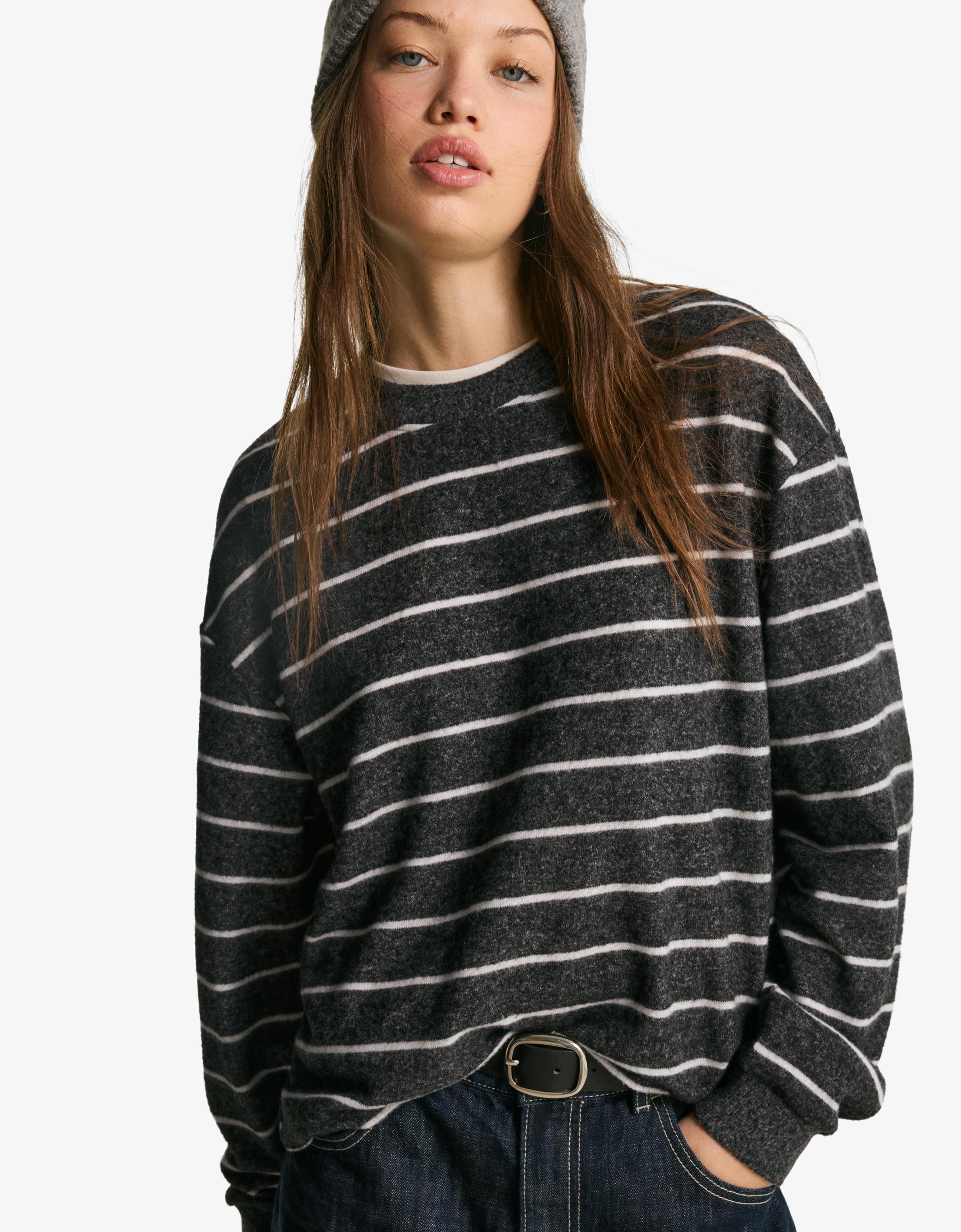 Bershka Gestreifter Strickpullover Damen S Grau