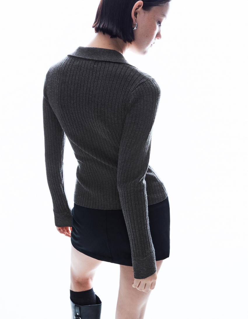 Cárdigan rib colo polo-Gris escuro