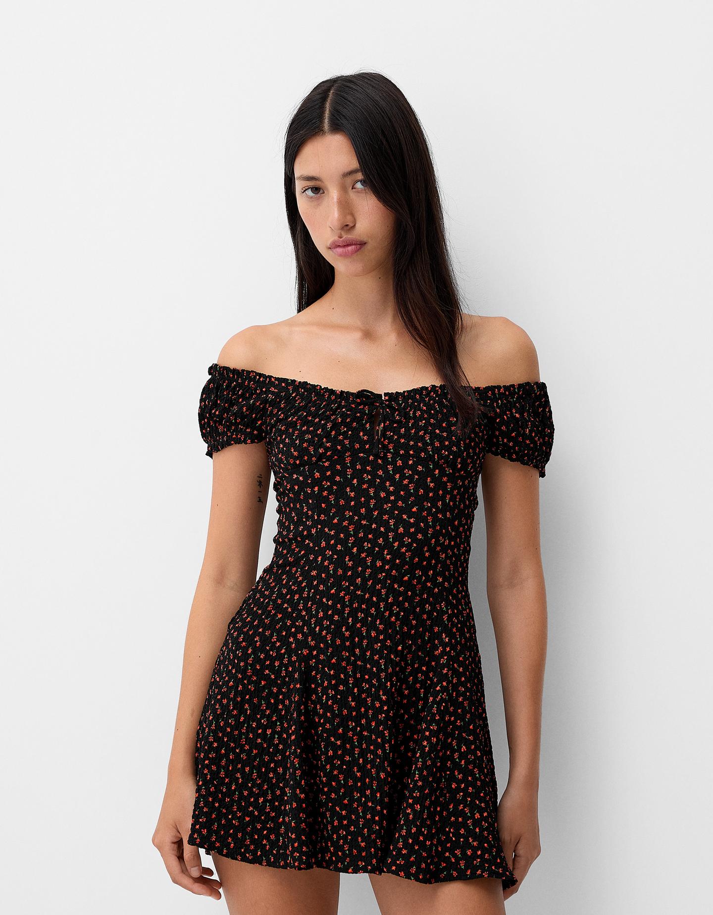 Bershka Vestido Mini Print Flor Mujer M Negro