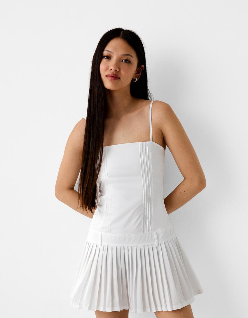 Strappy poplin dress with box pleat skirt-White