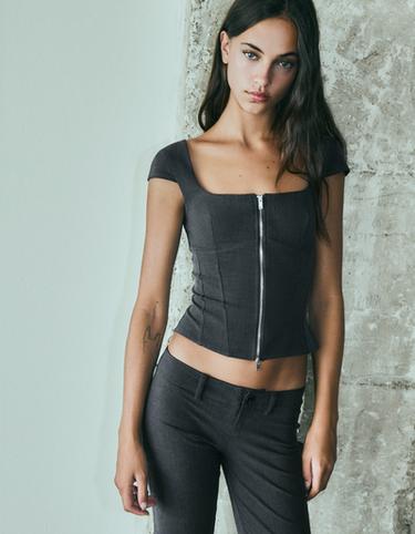 Short sleeve zip-up top — Grey 1