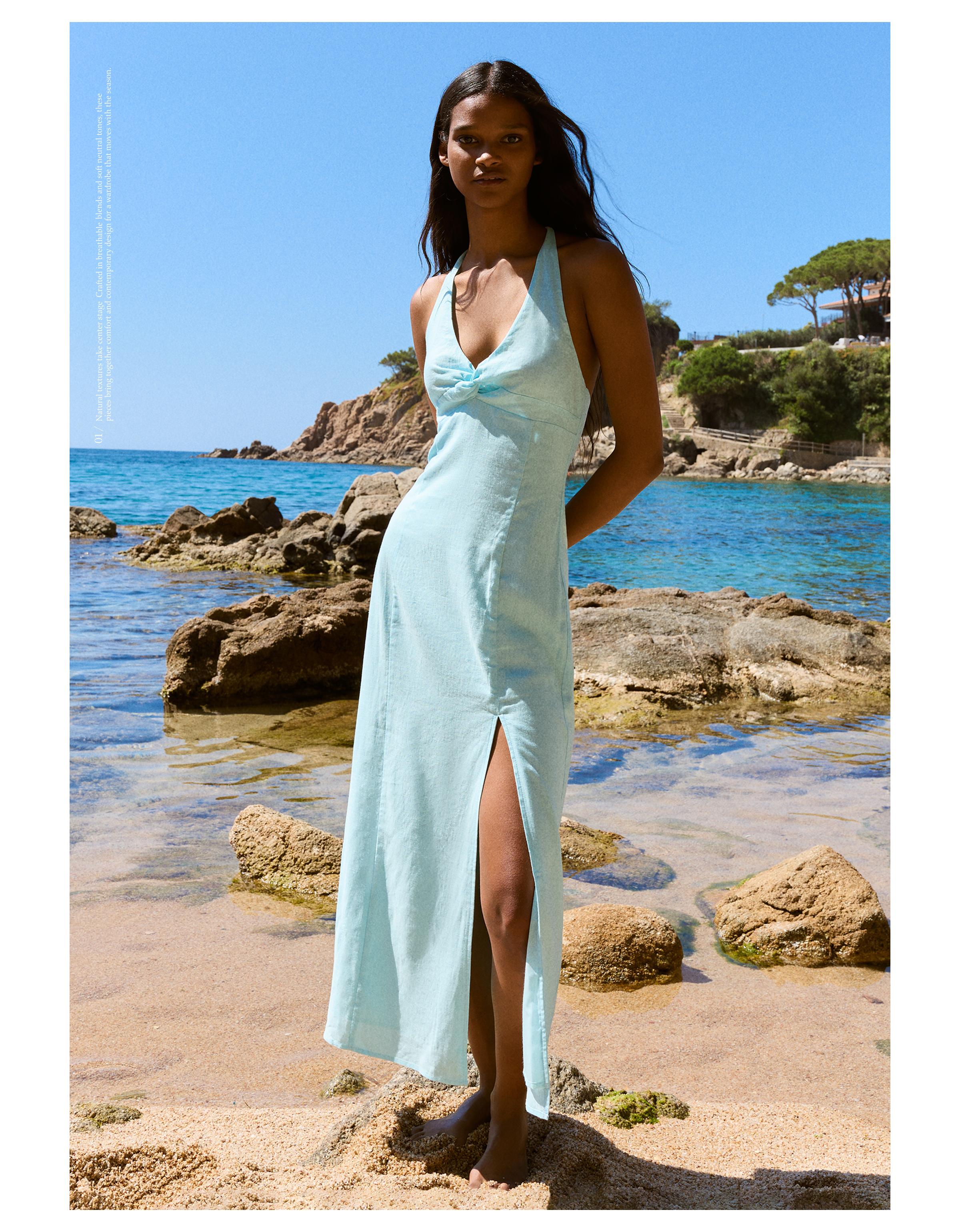 Halter midi dress with linen — Turquoise