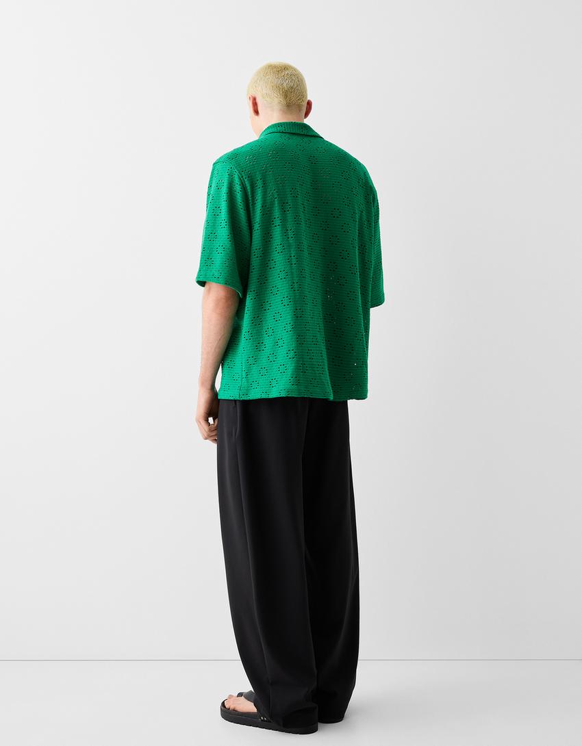 قميص بحياكة مفتوحة وأكمام قصيرة-أخضر-1