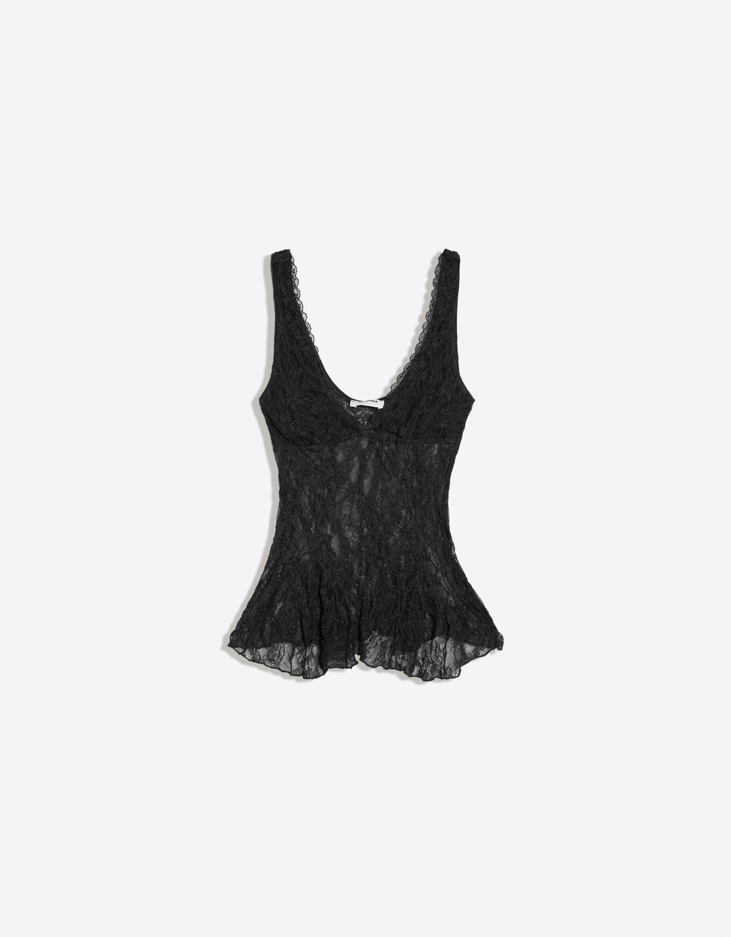Bershka Top Tirantes Encaje Mujer Negro