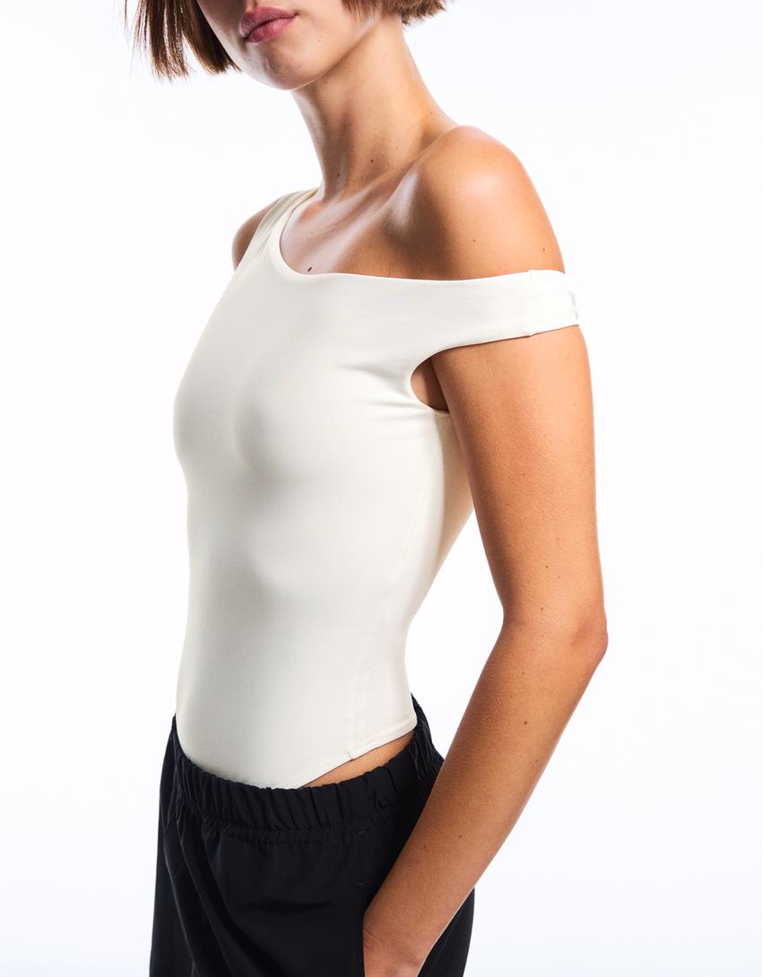 Asymmetric ruched strappy bodysuit-Cream