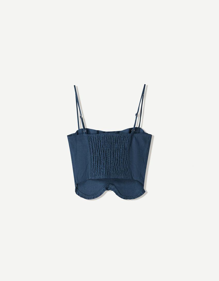 Top con spalline in misto lino-Blu-5