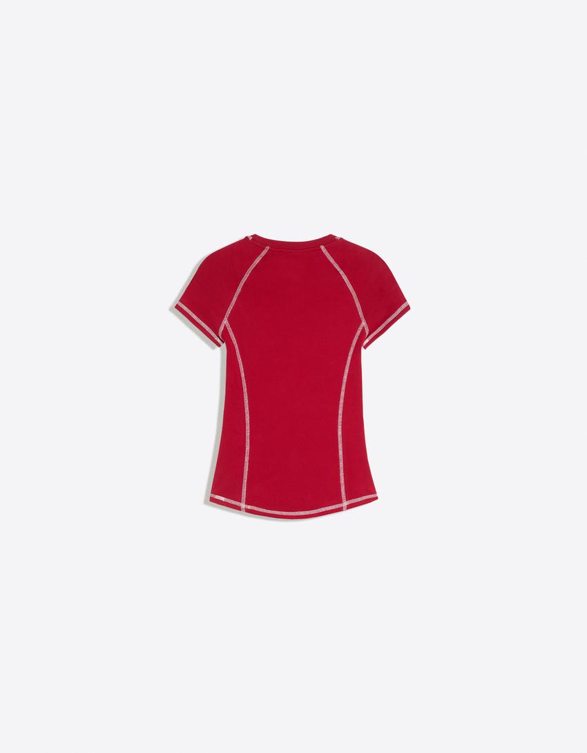 Printed short raglan sleeve T-shirt-Burgundy