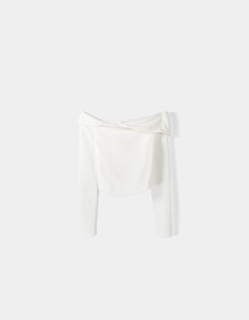 تيشرت مكشوفة الأكتاف بغرزة وافل وأكمام طويلة-أبيض مطفي-4