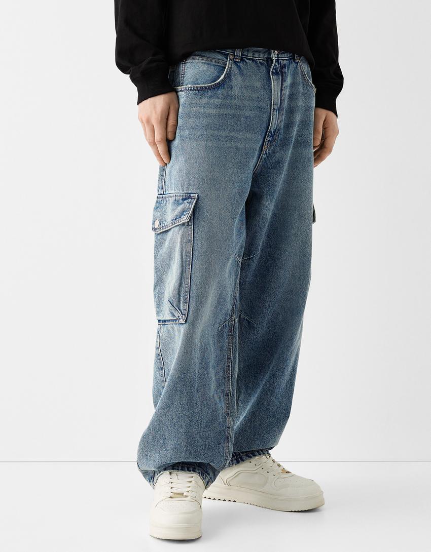 Jeans cargo skater fit efeito lavado dirty-Azul lavado-1