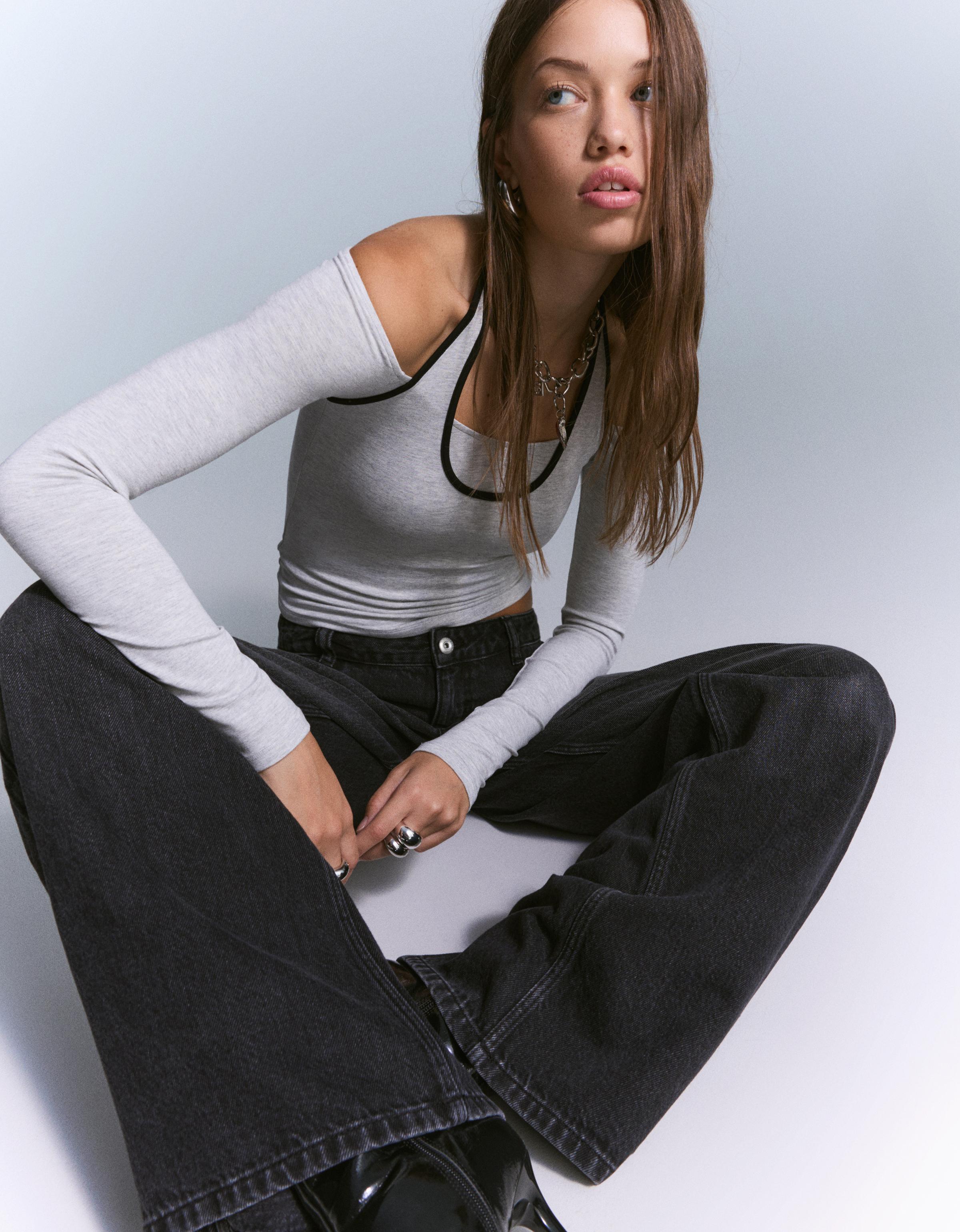 Bershka Langärmeliges Neckholder-Shirt Damen S Grau