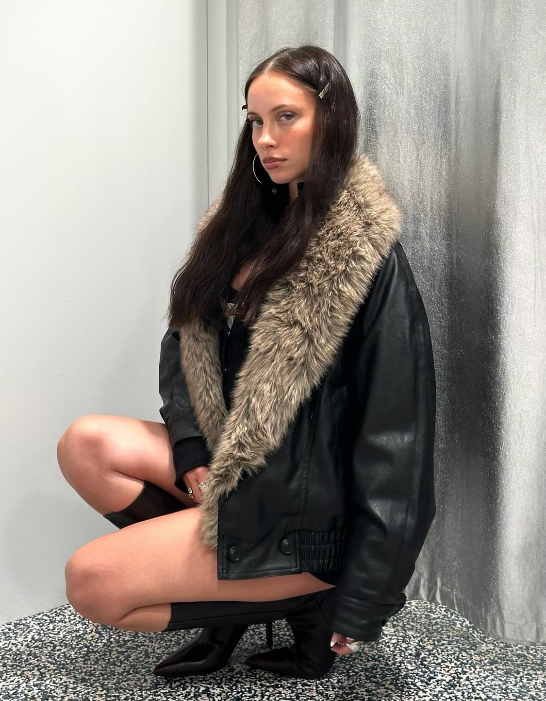 Faux leather jacket with faux fur collar