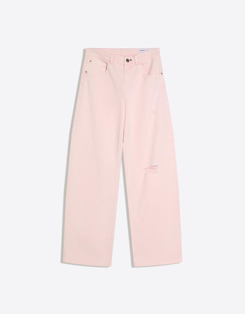 Pantalon effet délavé déchiré-Rose bonbon