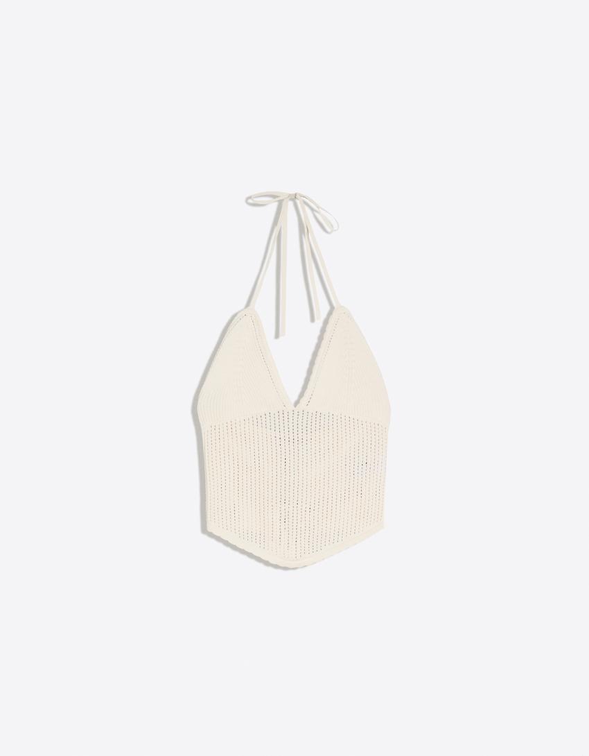 Open knit halter top-Cream