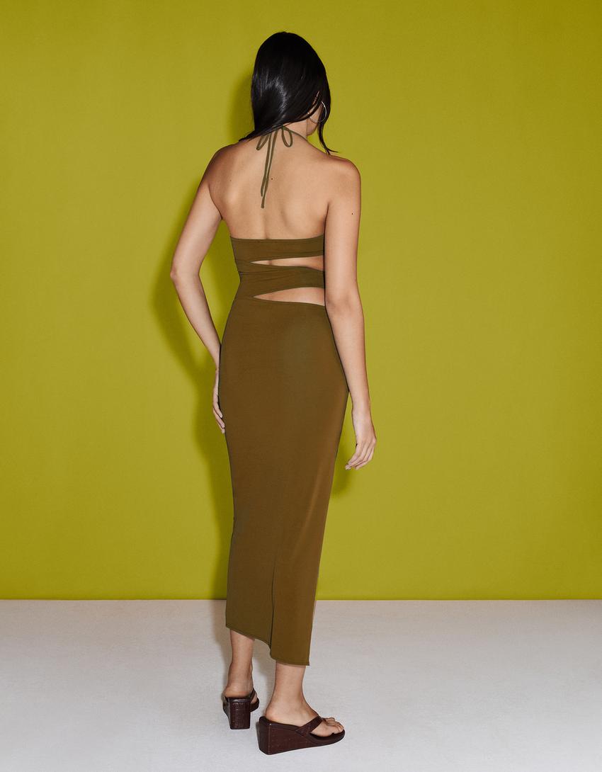 Midi dress with cut-out collar-Green-1