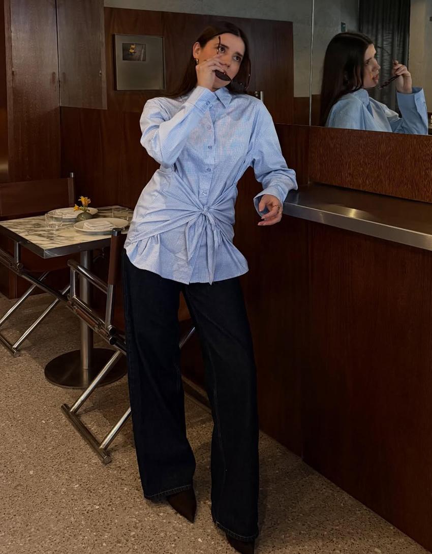 Oversized popeline blouse met strik-Blauw