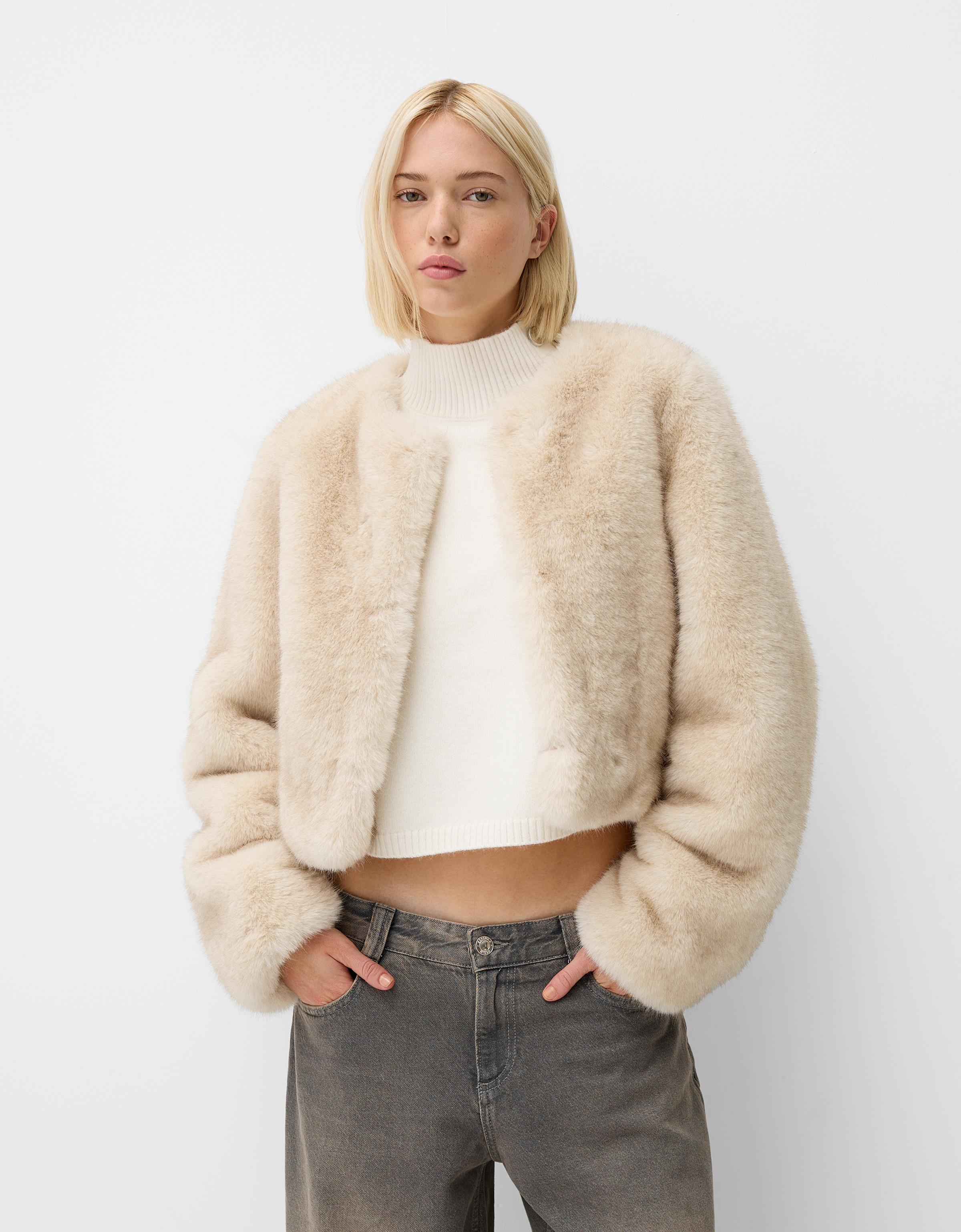 Bershka Fellmantel Damen L Beige