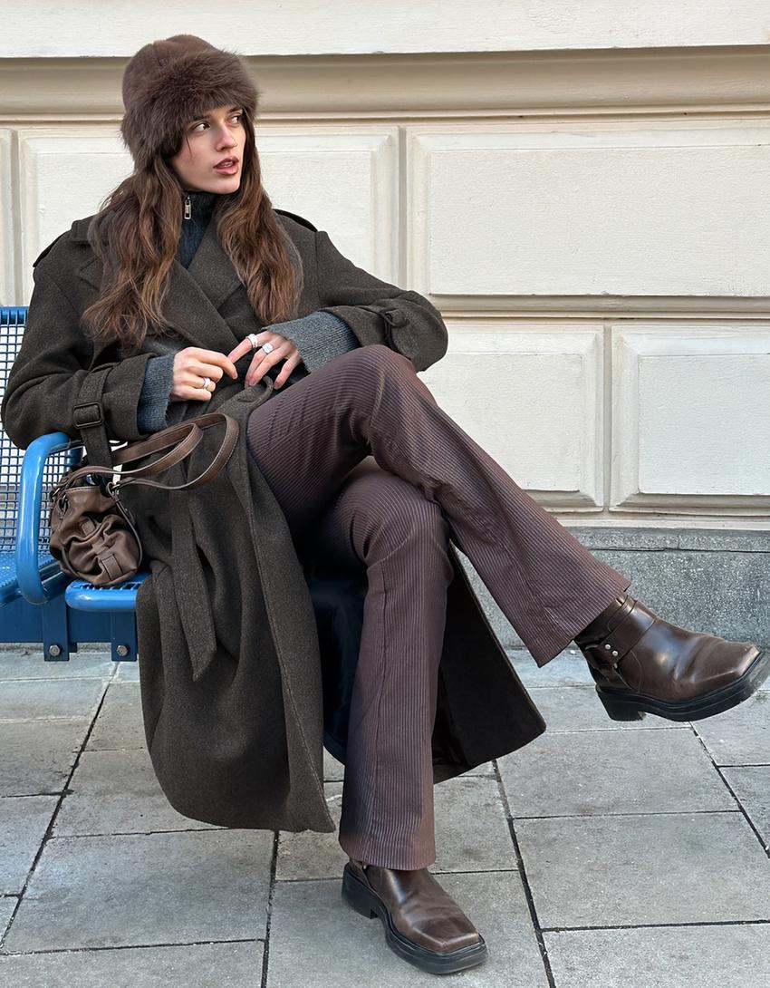 Oversize felt texture trench coat-Grey