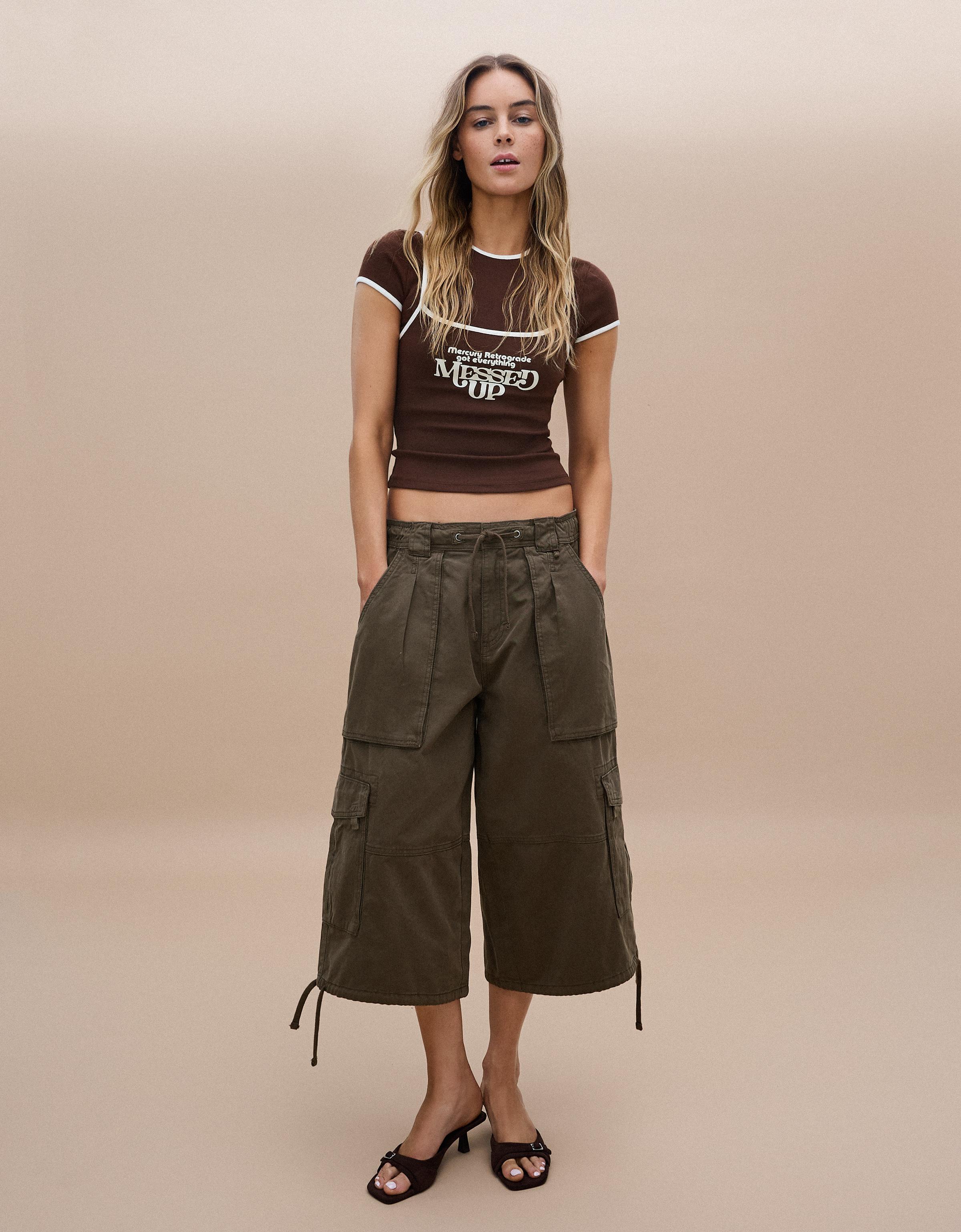 Double short sleeve T-shirt with contrast print — Brown