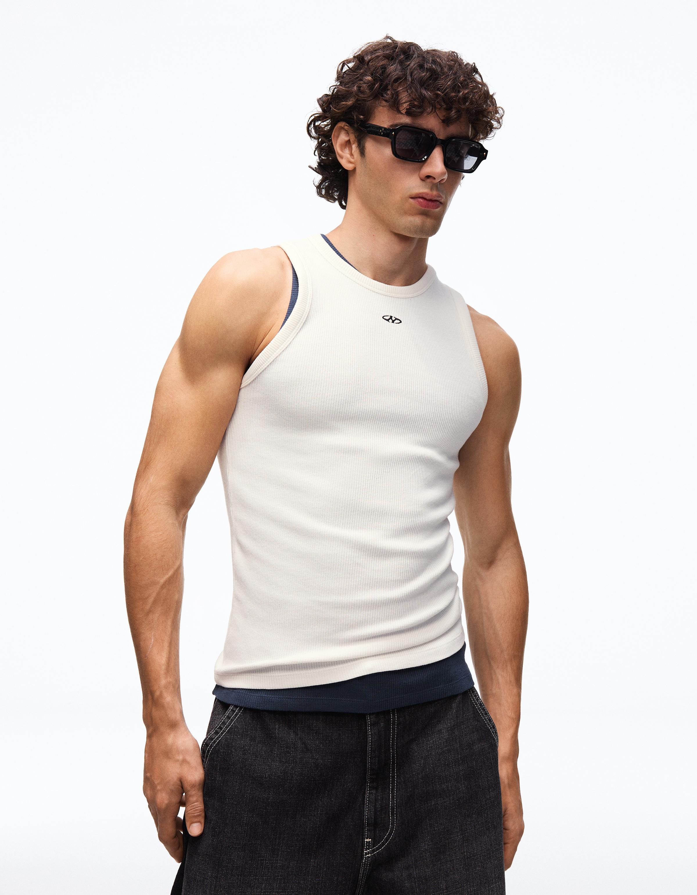 Bershka Trägershirt Mit Waffelstruktur-Print Herren Xl Grbrochenes Weiss