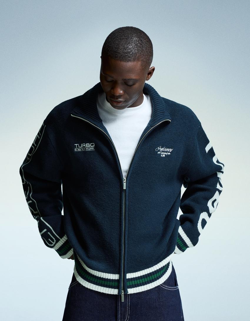 Embroidered zip-up jacket-Blue-0