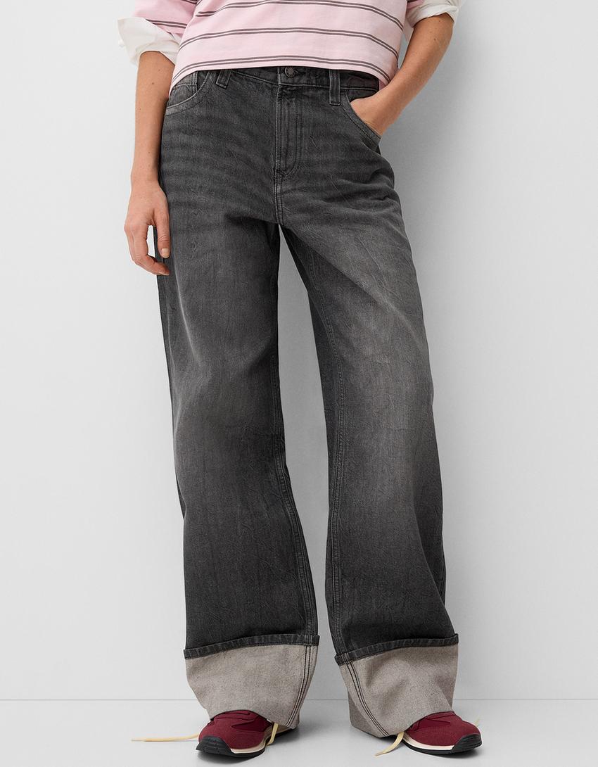 Wide-leg '90s jeans with turn-up hems-Black-1