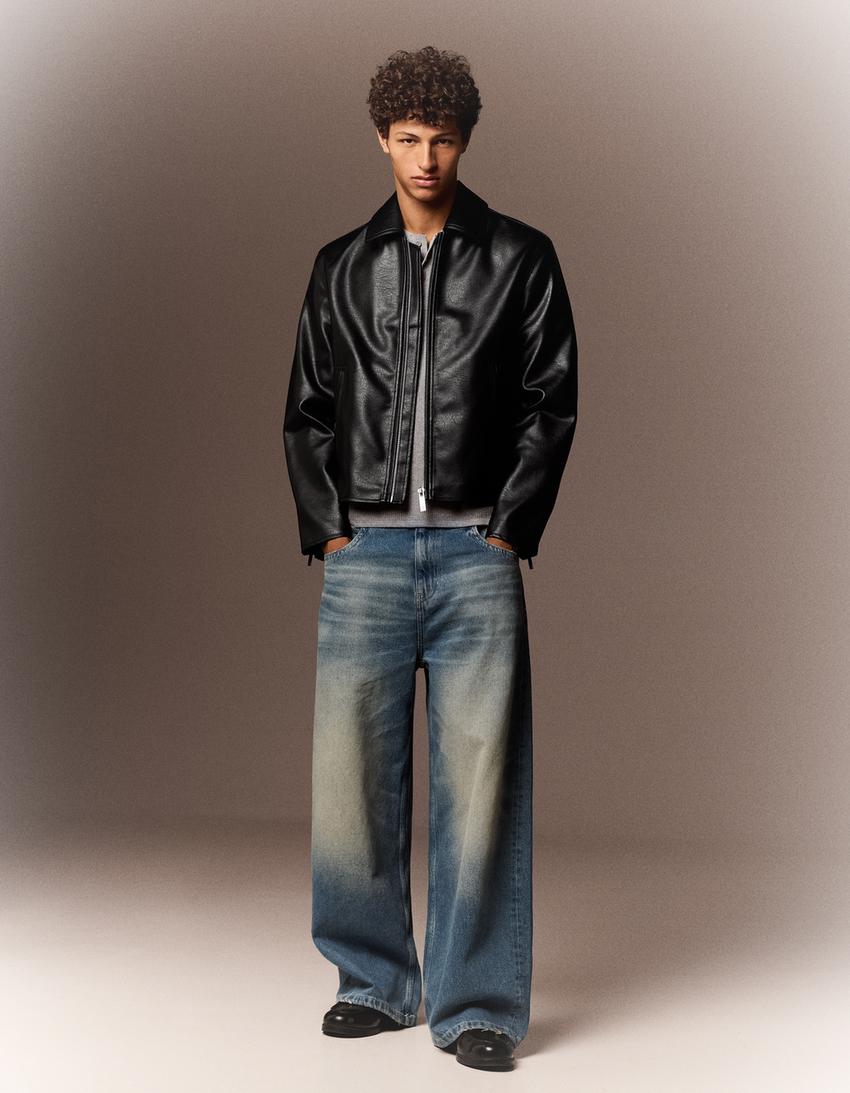 Boxy leather-effect jacket-Black