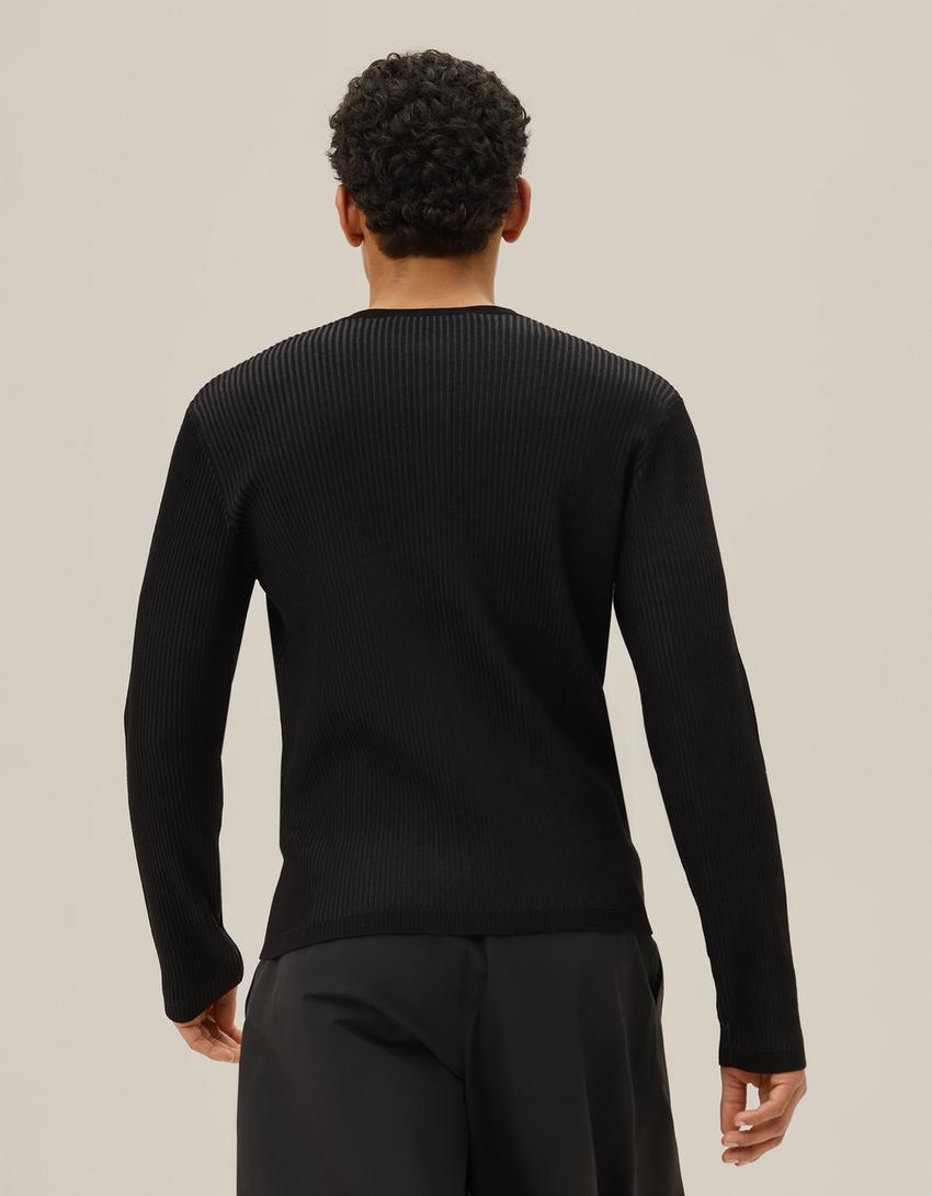 Henley print sweater-Black