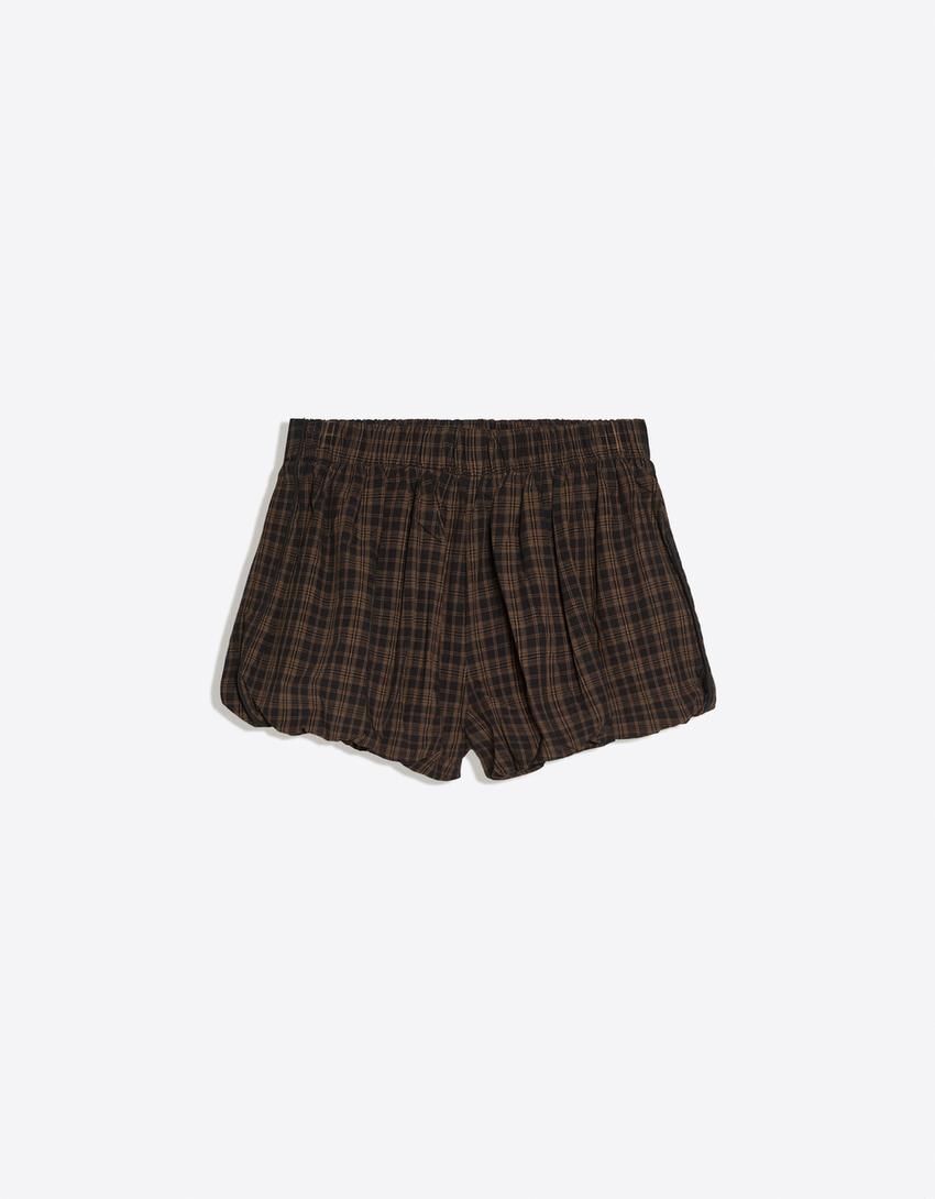 Check mini balloon shorts-Brown