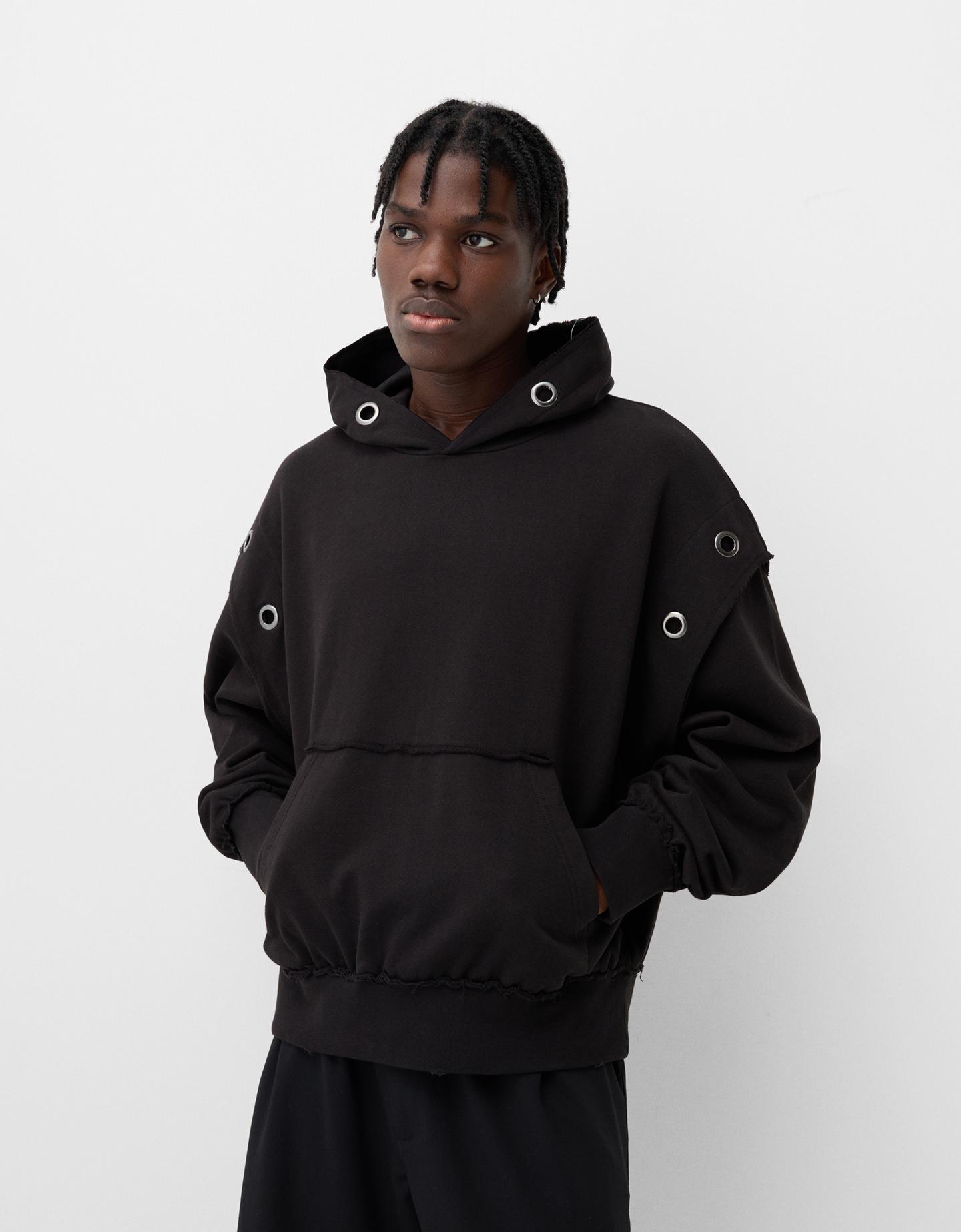 Bershka Sudadera Capucha Eyelets Hombre L Negro