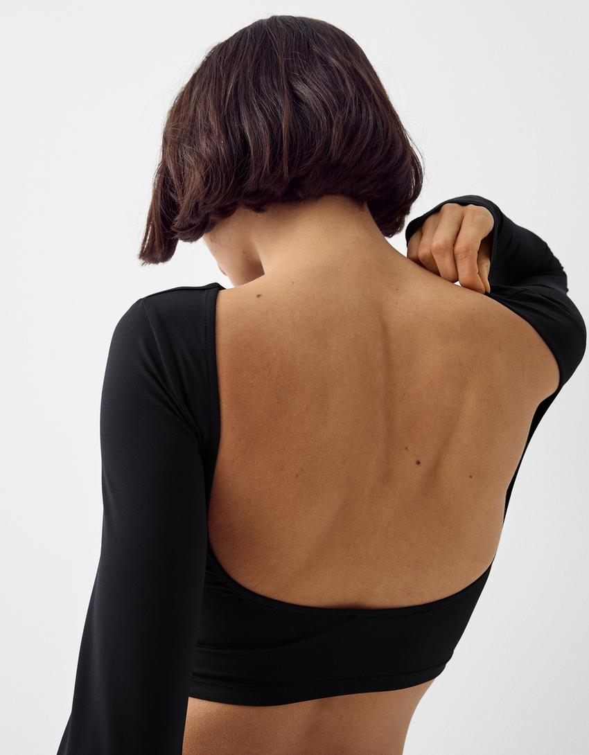 Long sleeve T-shirt with an open back-Black