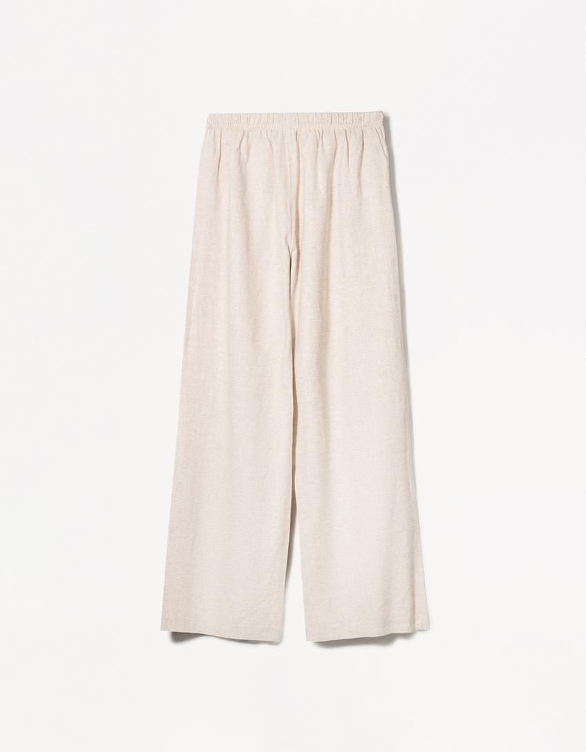Linnenmix broek met elastische tailleband-Ecru