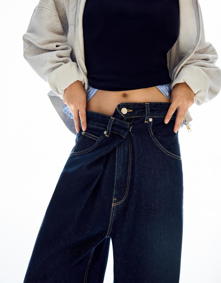 Wide leg jeans met taille met overslag-Marineblau