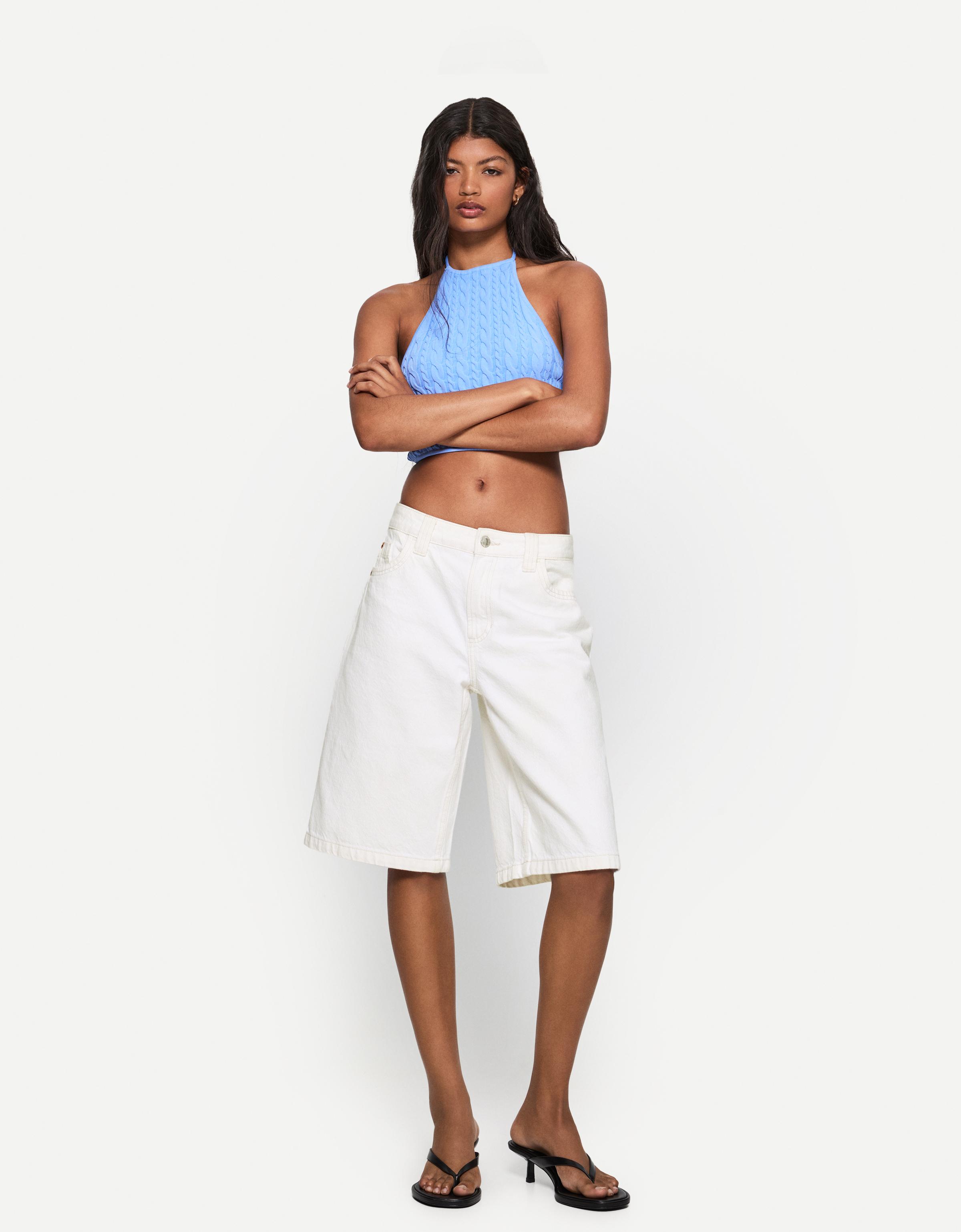 Bershka Baggy-Denim-Shorts Damen 44 Grbrochenes Weiss