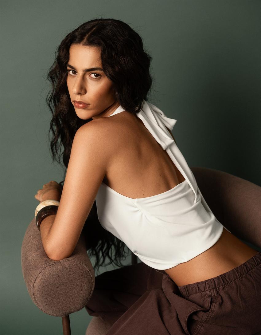 Halter bağlamalı top-Krem