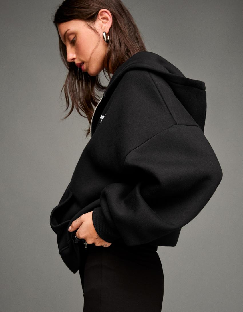 Sweat zippé capuche imprimé-Noir-2